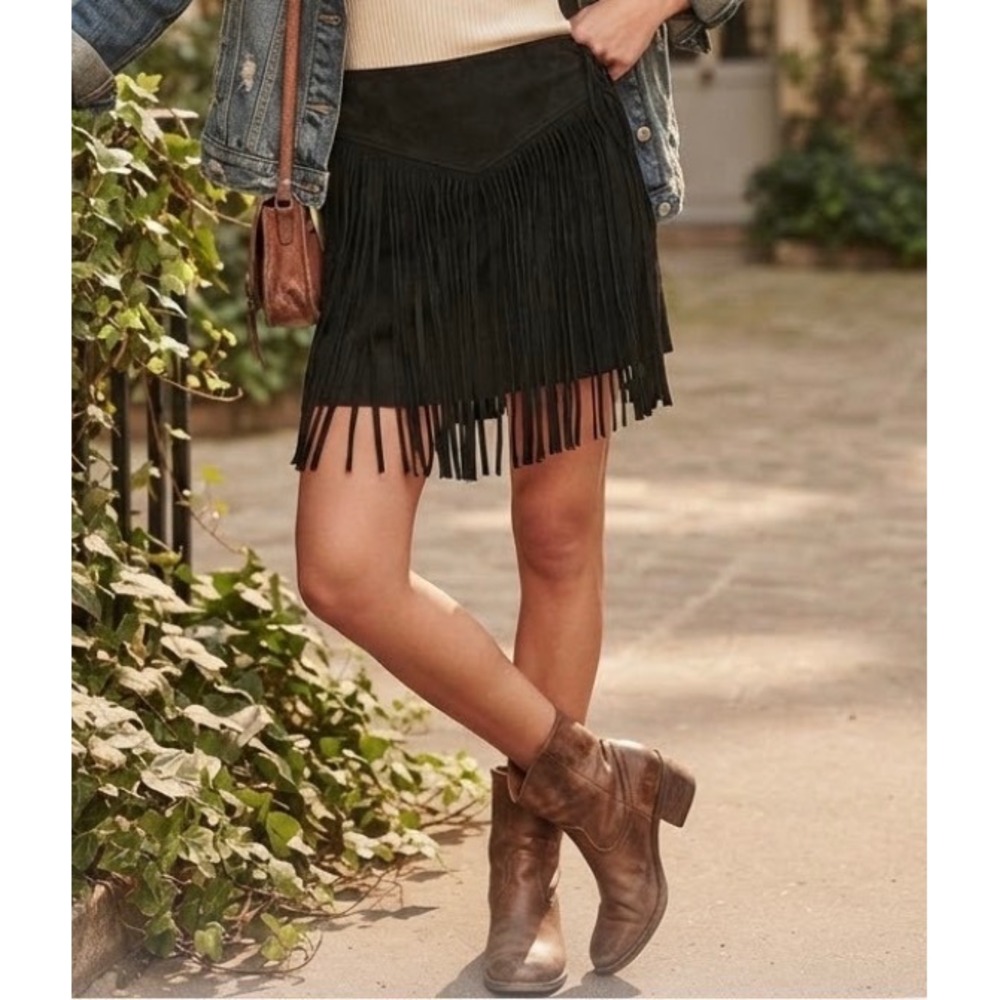 Show Me Your Mumu Rancho Fringe Skirt Black Faux Suede Mini Large MF6-340